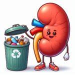 An analogy image showing a kidney symbolically putting waste products into a dustbin, representing its role in filtering and removing toxins from the body.